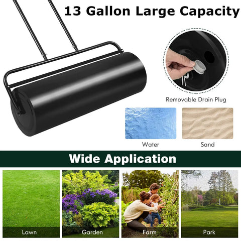 Heavy Duty Lawn Roller Water Or Sand Filled Steel Drum Roller With U Shaped Handle For Push Pull Or Tow Behind 13 gal