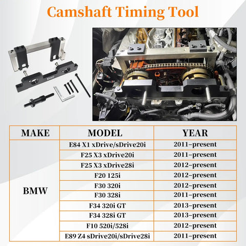 17 Piece Camshaft Alignment Timing Tool Kit For BMW N20 N26 Engines With Flywheel Holder Balance Shaft Tool Fuel Injector Removal Set Engine Lifting Hook Plus Comprehensive Tools Pack 212831 119340 212830 219548 showing components and compatible models list
