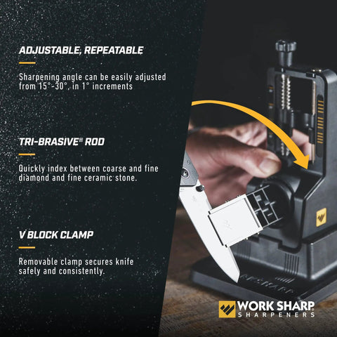 Close-up of Precision Adjustable Knife Sharpener Kit With Fixed Angle Jig And Clamp Guided 15 To 30 Degree Sharpening system in use.