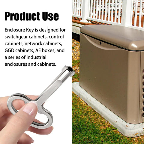 Hand holding Universal 6mm Hole Electrical Cabinet Key for Switchgear, Control, Network, GGD Cabinets, AE Boxes next to enclosure