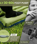 Ultralight Camping Sleeping Pad With Built In Pillow And Foot Pump, 3 Inch Thick Self Inflating Pad being inflated on grass