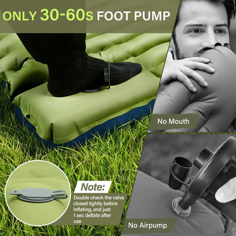 Ultralight Camping Sleeping Pad With Built In Pillow And Foot Pump, 3 Inch Thick Self Inflating Pad being inflated on grass