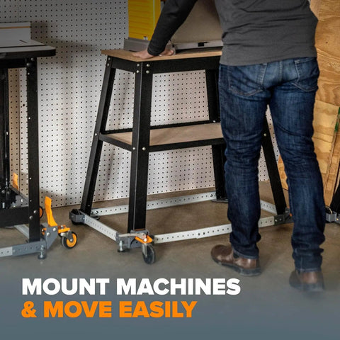 Man using Adjustable Universal Mobile Base For Heavy Tools And Equipment Up To 400 Lbs in garage with tools on base