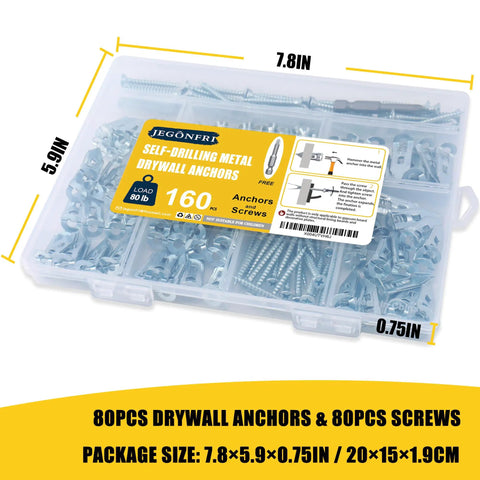 Self Drilling Drywall Anchors Kit 160Pcs Heavy Duty Holds Up To 80 Lbs Manganese Steel No Pre Drilling Needed packaging
