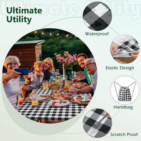 Family using Picnic Table Cover With Bench Covers 72x30 Inches 3 Piece Set Elastic Edges Fitted Table And Seat Covers With Drawstring Bag