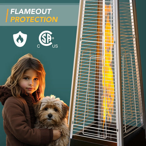 Outdoor Pyramid Patio Heater With 48000 BTU Propane Heat Backyard Ready Bronze 87 Inch Tower Quartz Glass Tube visible