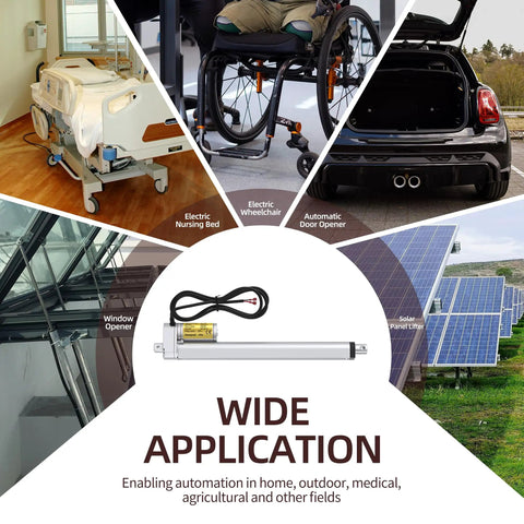 Beefy 12V Linear Actuator 1000N 300mm Stroke Waterproof used in medical, automotive, and solar applications, showcasing versatility.
