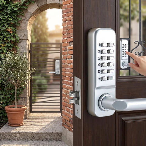 Battery Free Mechanical Combination Code Lock With Double Sided Keypad For Outdoor Gates And Exterior Doors on wooden door