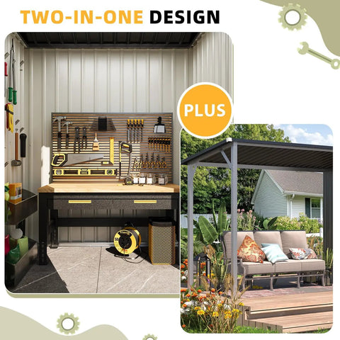 2 In 1 Outdoor Storage Shed And Gazebo Combo With Lean To And Pergola showing indoor tool setup and outdoor seating area