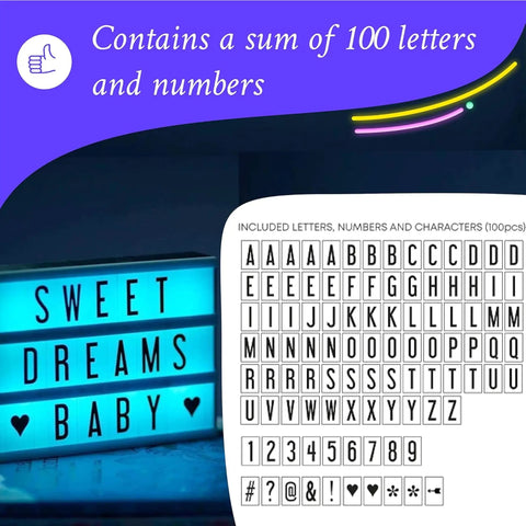 Color Changing LED Light Box Sign With 100 Letters And Symbols Custom Neon Message Board For Home Or Events RGB Glow And White Light Options Let Your Messages Shine And Set The Vibe 7.8 By 5.9 Inch Marquee Display with included letters and symbols.