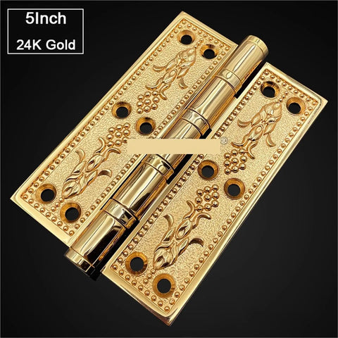 Heavy Duty Solid Brass Door Hinges With Smooth As Butter Swinging Ball Bearings And Rock Solid Construction Plus Mounting Screws For Top Notch Wood Doors And Thick Gates In Rich Gold Tone, 5-inch size in 24K gold finish.