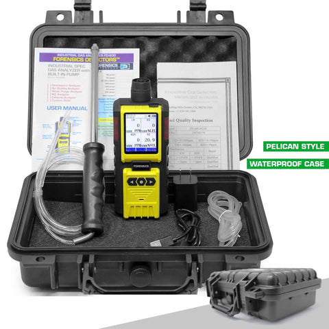 4 Gas Monitor With Built In Pump And Probe in waterproof case, includes sensors and user manual, ideal for field jobs.