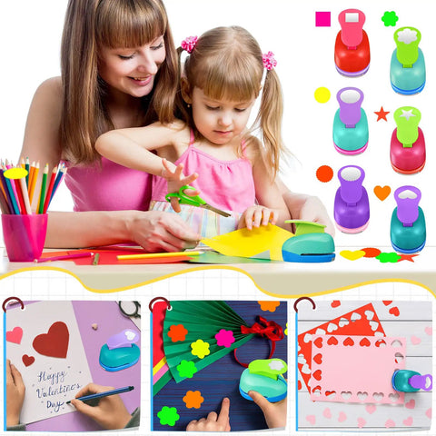 Mother and child using 36 Piece Craft Hole Punch Shapes With Colorful Sticker Paper For Scrapbooking Easy To Use 1 Inch Paper Punchers Set