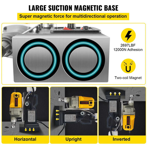 Built Tough Portable Magnetic Drill Press with large suction magnetic base for stable multi-directional operation.