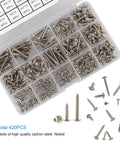 Top Shelf Boss Pack 420 Piece Phillips Truss And Wafer Head Self Tapping Wood Screws Assortment Kit With Washers M2 M3 M4 Metric Sizes Nickel Plated Carbon Steel display in a clear storage box.