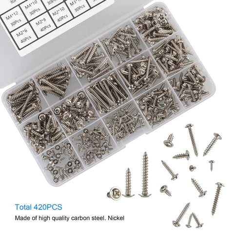 Top Shelf Boss Pack 420 Piece Phillips Truss And Wafer Head Self Tapping Wood Screws Assortment Kit With Washers M2 M3 M4 Metric Sizes Nickel Plated Carbon Steel display in a clear storage box.
