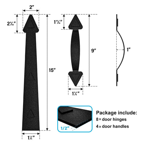 Magnetic Decorative Garage Door Hardware Kit For Two Cars, 12 Pieces, Faux Hinges And Handles, Black, dimensions diagram