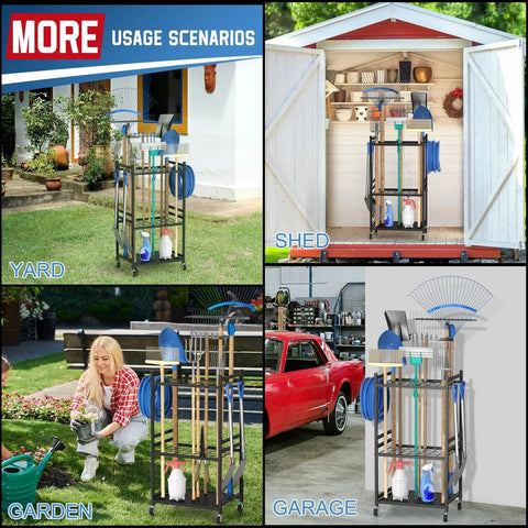 Rolling Garden Tool Organizer On Wheels With Mega Capacity Holds Up To 35 Long Handled Tools Heavy Duty Metal Rack For Garage Or Shed Sturdy Black Holder With 3 Movable Hooks in various settings