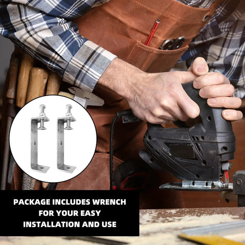 Close-up of woodworking with 2 Pack 304 Stainless Steel C Clamps with 120mm Wide Jaw Opening alongside power tool use.
