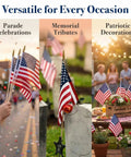 12 Pack 8x12 Inch American Flags On Sticks With Wooden Poles And Golden Spear Tops For Outdoor Use Memorial Day Fourth Of July Decor Perfect For Parades And Flag Waving shown in parade, memorial cemetery, and outdoor table settings.