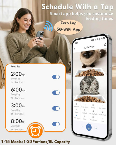 Top Shelf Automatic Cat Feeder With Dual Bowls And HD Camera Setup Built For Two Cats showing app schedule and pet feeding options.