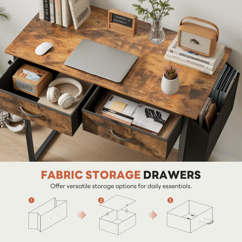 32 Inch Home Office Desk With Drawers And Storage For Gaming, Study Or Writing, Includes Fabric Drawers, Side Storage Bag, Headphone Hook, And Adjustable Feet In Rustic Brown showing open fabric drawers and desk setup.