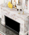 View of a matte gold marble countertop contact paper decor on a mantel with vases and lamp, waterproof durable vinyl.