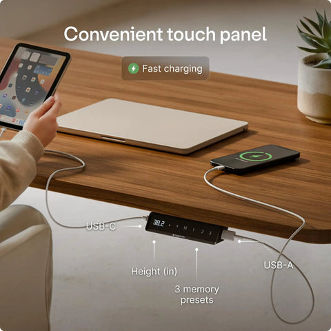 Desktronic HomeOne 60x30 Electric Standing Desk Sit Stand Home Office with touchscreen controls and USB-C charging.