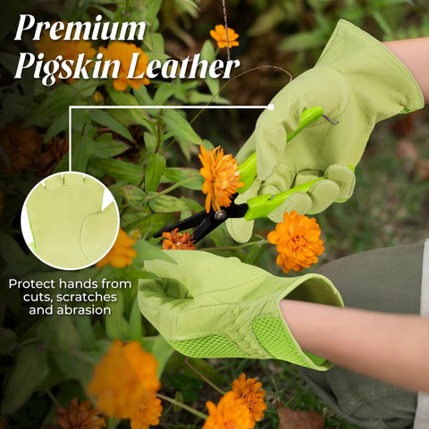 Women Work Gloves With 3D Mesh Breathable Leather For Gardening And Yard Work Durable Pigskin Palm For Grip Like A Pro And Hand Protection From Thorns And Scrapes Ideal For Gardeners Farmers Landscapers And Movers shown used in garden.