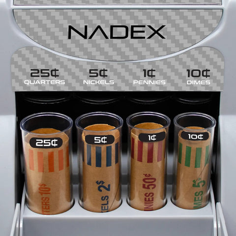 Fast Digital Coin Counter And Sorter Automatically Wrapping Loose Change At 200 Coins Per Minute While Auto Pausing On Full Loads As Screens Track Totals For Stress Free Deposit Days Built With Sleek Carbon Fiber Shell Making Bank Prep A Breeze coin tubes for quarters, nickels, pennies, and dimes sorted by denomination.