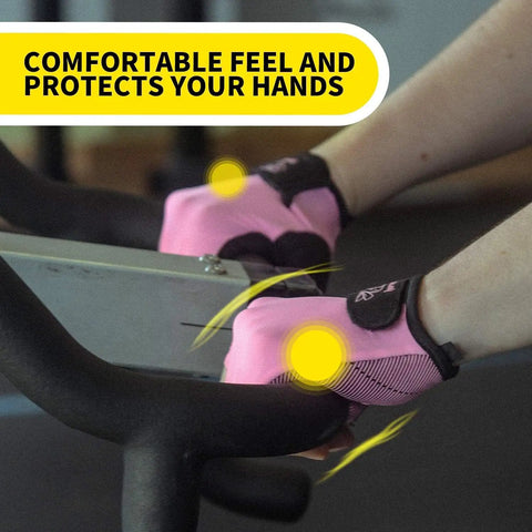 Light pink rowing gloves for women with super grip silicone palm on indoor rowing machine, anti slip control visible.