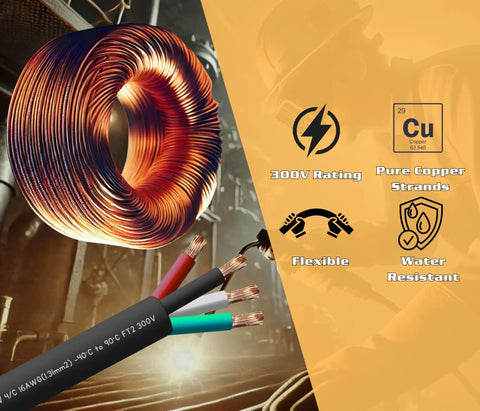 Top Shelf 10 Foot 16 4 SJOOW Portable Power Extension Cable Cord 16 AWG four conductor with flexible rubber and copper strands.