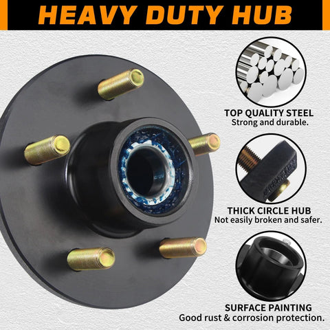Front view of GREPSPUD trailer hub kit, 5-on-4.5 inch bolt pattern, with bearing and seal visible