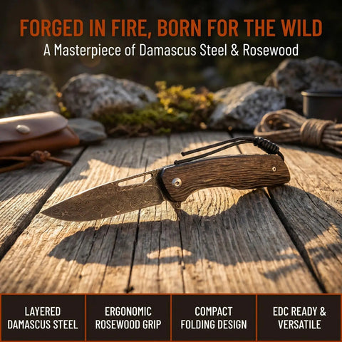 Damascus Steel Folding Pocket Knife With 3.35 Inch Blade And Rosewood Handle on wooden surface outdoors