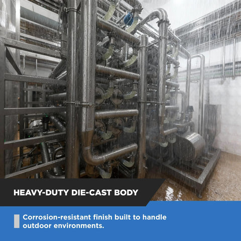 Heavy-duty die-cast body in industrial setting with corrosion-resistant finish
