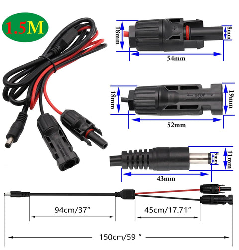 Solar Panel To DC 5.5mm X 2.1mm Male And Female Adapter Cable, 1.5m 16AWG Extension with dimensions and connectors.
