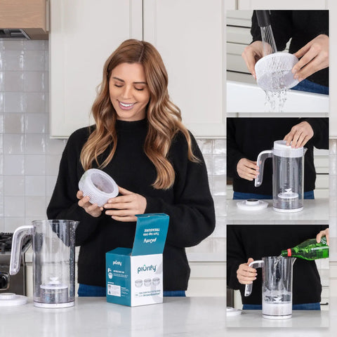 3 Pack Calcium Sulfite Water Filter Cartridges For Hydrogen Water Pitcher And Generator, Keeps Chlorine Out Of Your Drinking Water, BPA Free Replacement Filters For Hydrogen Water Machine being used by a woman in a kitchen setting.