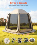 Pop Up Screen House Tent For Four To Eight People 10 By 9.2 Feet Portable Gazebo with beige netting sides on grassy field