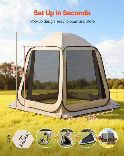 Pop Up Screen House Tent For Four To Eight People 10 By 9.2 Feet Portable Gazebo with beige netting sides on grassy field