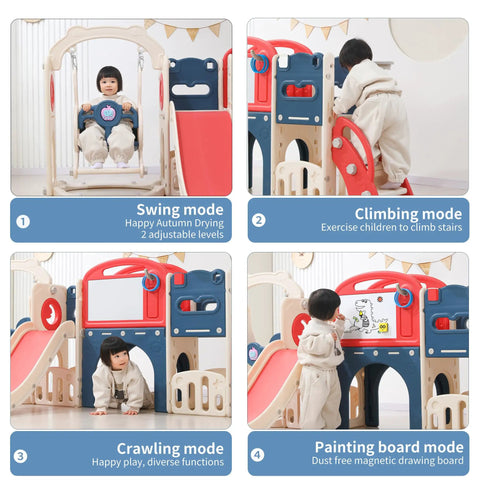 Children playing on 12 In 1 Toddler Outdoor Playset With Swing And Slide Indoor Outdoor Climber Playground For Toddlers 1 To 3 Durable Backyard Playset With Basketball Hoop And Ball Safe Fun For Home, showing swing, climbing, crawling, and painting board features.