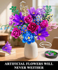 21 Flower Bouquet Building Kit With Lights For Adults And Teens 8 12 Plus Realistic Floral Set With Roses Lilies Daisies Hydrangeas Eucalyptus Gypsophila And More For Creative Decorating Gifts And Hands On Craft Fun. Artificial flower bouquet in white vase, no vase