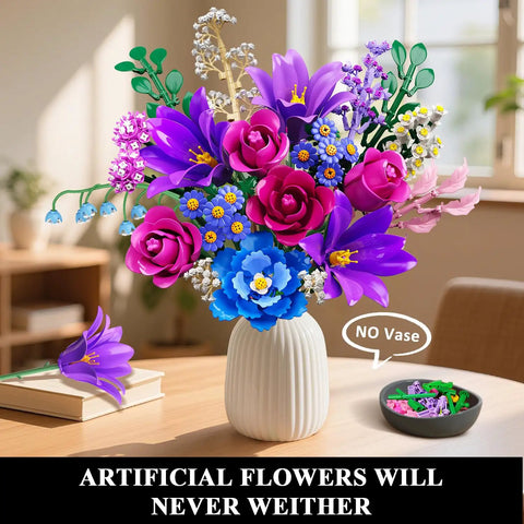 21 Flower Bouquet Building Kit With Lights For Adults And Teens 8 12 Plus Realistic Floral Set With Roses Lilies Daisies Hydrangeas Eucalyptus Gypsophila And More For Creative Decorating Gifts And Hands On Craft Fun. Artificial flower bouquet in white vase, no vase