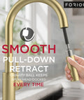 Slick Brushed Gold Kitchen Faucet With Pull Down Sprayer And Dual Spray Modes High Arc Spout Design, easy pull-down retract feature.