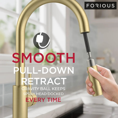 Slick Brushed Gold Kitchen Faucet With Pull Down Sprayer And Dual Spray Modes High Arc Spout Design, easy pull-down retract feature.
