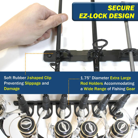 Ceiling Mounted Fishing Rod Holder Rack For Six Rods With Two Horizontal Slots Easy Install Garage Organization And Wall Storage For Reels And Gear Fits Most Rod And Reel Combos 0.12 To 0.75 Inch Diameters shown with rods inserted.