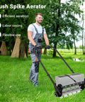 Person using 18 Inch Push Lawn Aerator With Four Wheels And 45 Inch Handle Heavy Duty Spike Drum Aerator For Lawn Care