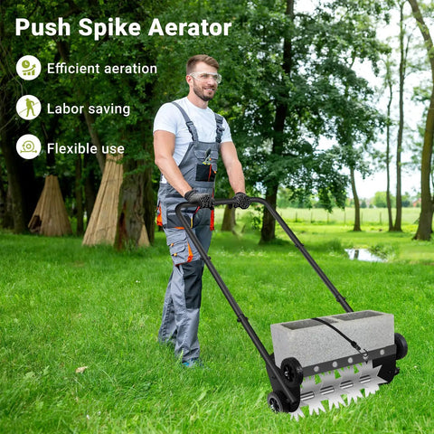 Person using 18 Inch Push Lawn Aerator With Four Wheels And 45 Inch Handle Heavy Duty Spike Drum Aerator For Lawn Care