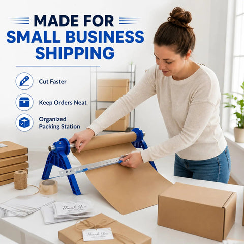 Woman using Nifty Paper Dispenser Cutter With Adjustable Mount And Built In Trimmer Plus Heavy Duty Brown Kraft Paper Roll.