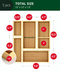 Premium Five Piece Bamboo Drawer Organizer Set Featuring Versatile Storage Trays For Kitchen Bedroom And Office Transform Junk Drawers Instantly detailed size layout.