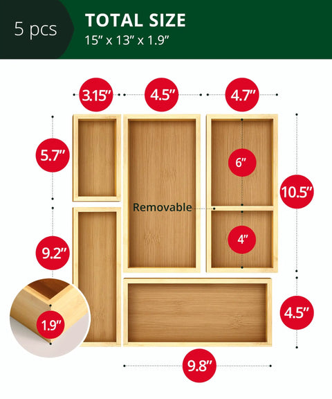 Premium Five Piece Bamboo Drawer Organizer Set Featuring Versatile Storage Trays For Kitchen Bedroom And Office Transform Junk Drawers Instantly detailed size layout.